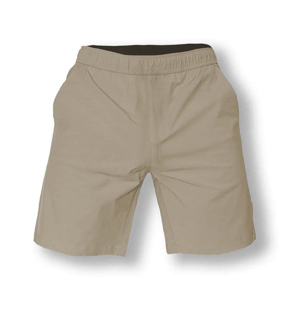 Savage Tacticians khaki shorts with elastic waistband and side pockets on white background