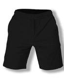 Savage Tacticians black athletic shorts with elastic waistband, front view on white background