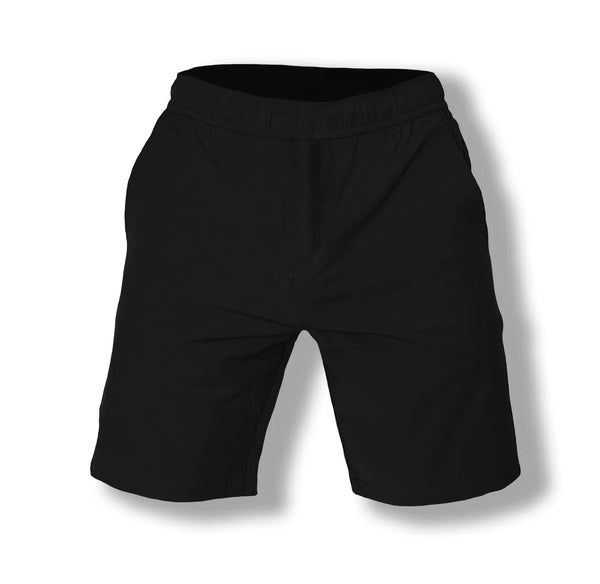 Savage Tacticians black athletic shorts with elastic waistband, front view on white background
