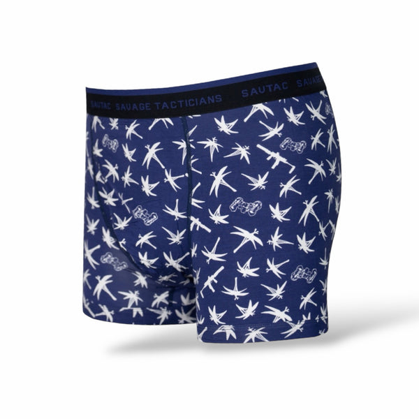 Savage Tacticians navy boxer briefs with white palm tree and rifle pattern
