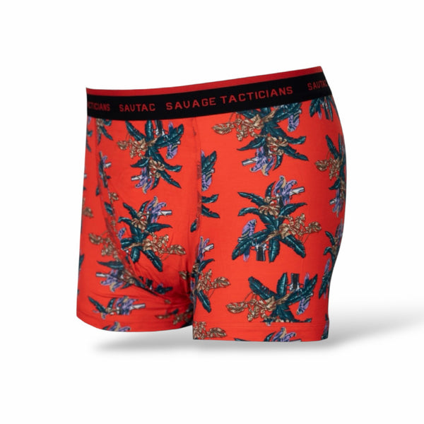 Savage Tacticians red boxer briefs with tropical floral print and branded waistband