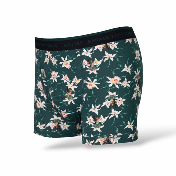 Savage Tacticians men's boxer briefs with green floral print and branded waistband