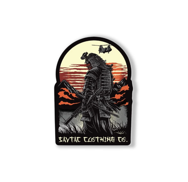 Savage Tacticians samurai patch with modern rifle, sunset, helicopter, and mountains