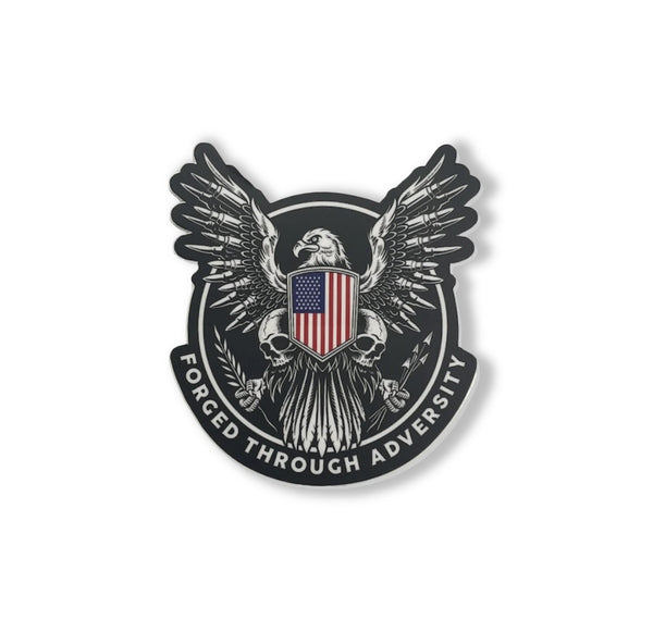 Savage Tacticians patch with eagle, American flag shield, and 'Forged Through Adversity' text
