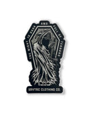 Savage Tacticians sticker featuring a grim reaper holding a rifle with bold gothic text.