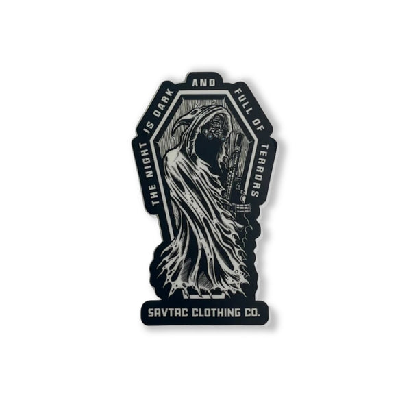 Savage Tacticians sticker featuring a grim reaper holding a rifle with bold gothic text.