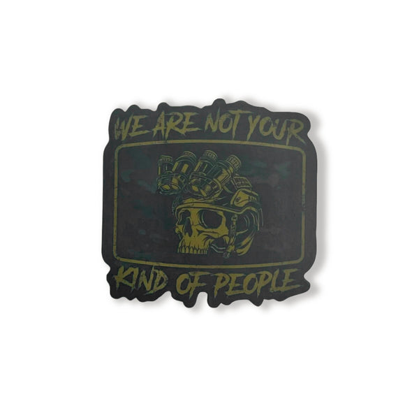 Savage Tacticians patch with skull in helmet and night vision, text reads 'We Are Not Your Kind of People'.
