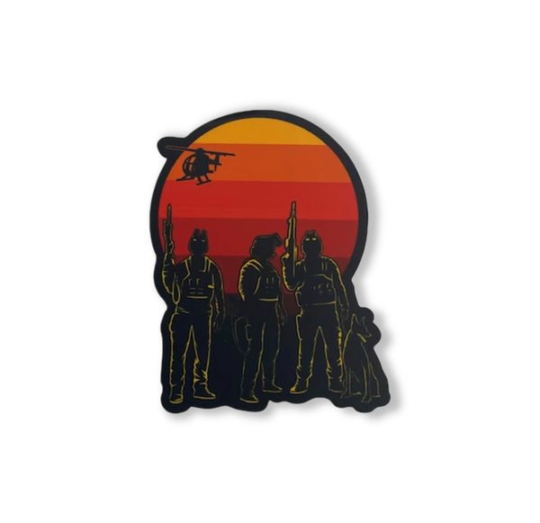Savage Tacticians military team silhouette with dog and helicopter against sunset background
