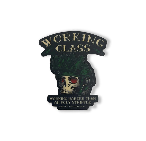 Savage Tacticians sticker with skull in helmet, night vision goggles, 'Working Class' text