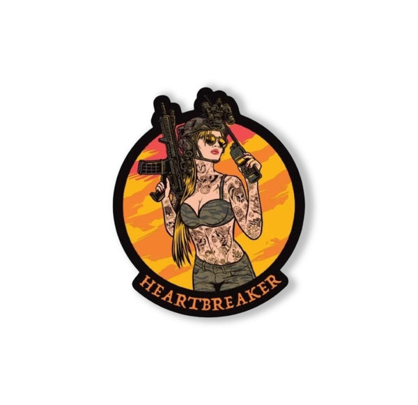 Savage Tacticians Heartbreaker patch featuring tattooed woman with sunglasses and rifle