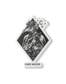 Savage Tacticians sticker with a tactical plague doctor holding a rifle, night vision goggles, moon and stars, and 'Carpe Noctem' text.
