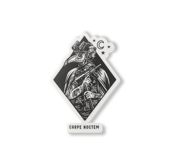 Savage Tacticians sticker with a tactical plague doctor holding a rifle, night vision goggles, moon and stars, and 'Carpe Noctem' text.