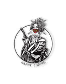 Savage Tacticians graphic of a geisha with a mask, gun, fan, and 'Happy Ending' text