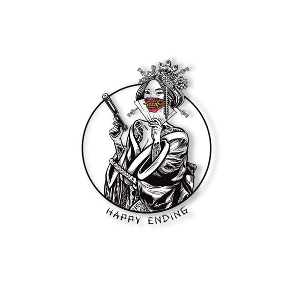 Savage Tacticians graphic of a geisha with a mask, gun, fan, and 'Happy Ending' text