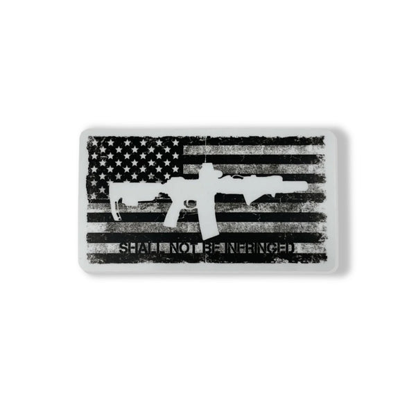 Savage Tacticians patch with distressed US flag, rifle silhouette, and 'Shall Not Be Infringed' text.