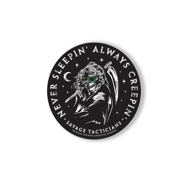 Savage Tacticians sticker featuring a skull in tactical gear and night vision, with 'Never Sleepin' Always Creepin' text.