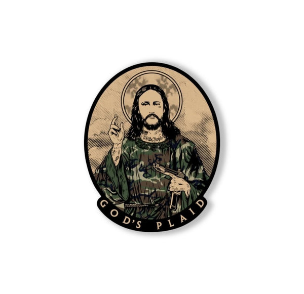 Savage Tacticians patch featuring illustrated figure in camo with 'God's Plaid' text