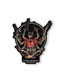 Savage Tacticians sticker featuring a multi-armed tactical figure with guns and helmet