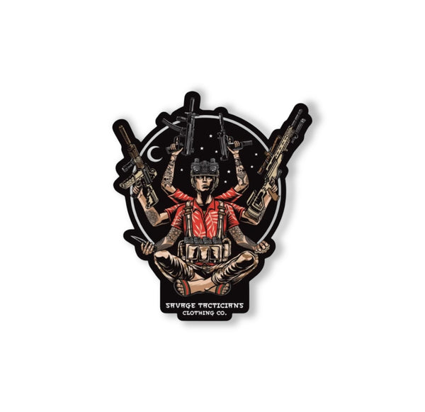 Savage Tacticians sticker featuring a multi-armed tactical figure with guns and helmet