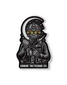 Savage Tacticians sticker featuring a tactical soldier with night vision goggles and a crescent moon background.