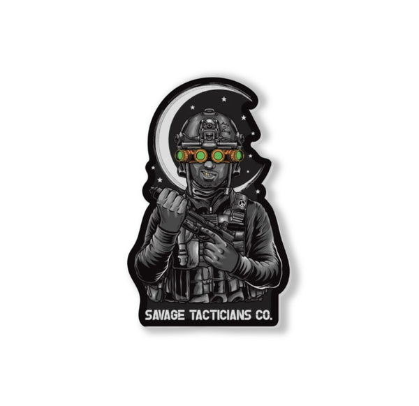 Savage Tacticians sticker featuring a tactical soldier with night vision goggles and a crescent moon background.