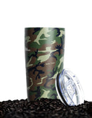 Savage Tacticians camo insulated tumbler with lid on coffee beans