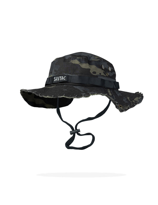 Savage Tacticians black camo boonie hat with chin strap and SAVTAC logo embroidery