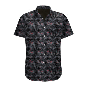 Savage Tacticians black short-sleeve shirt with red and gray palm leaf pattern
