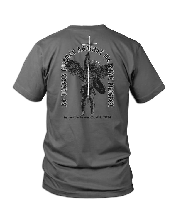A dark gray t-shirt shown from the back, featuring a black graphic print of a winged angel holding a sword with a cross, surrounded by the text 'NO JUSTICE LEFT UNTOOK AGAINST OUR Holy Prophet' and 'Sanctus Ereditis Co. Est.