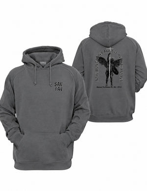 Storm gray No Weapon Graphic Hoodie by Savage Tacticians. Back print: a winged angel with a cross and shield inside No Weapon Formed Against Me Shall Prosper arched in black; small matching Savage Tacticians logo on the left chest