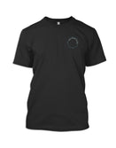 Black t-shirt with a logo on the chest against a white background