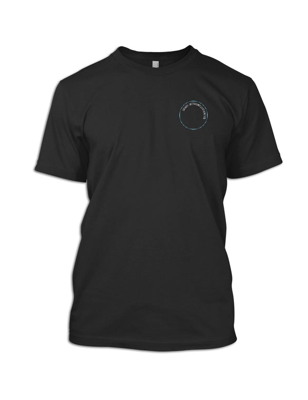 Black t-shirt with a logo on the chest against a white background