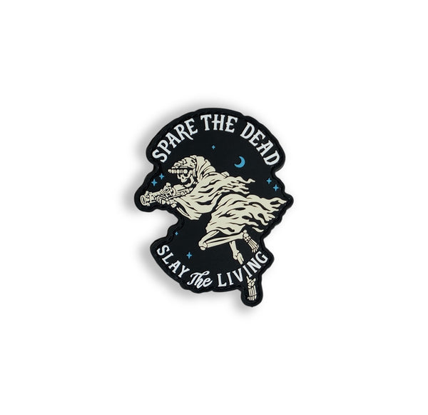 Savage Tacticians patch featuring grim reaper with rifle and text 'Spare The Dead Slay The Living'.