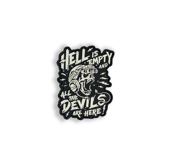 Savage Tacticians patch featuring a skull in tactical gear with 'Hell is empty and all the devils are here' text.