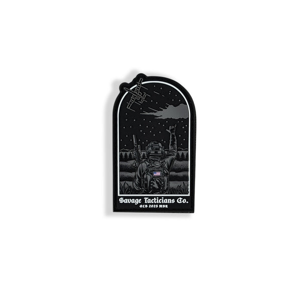 Savage Tacticians patch featuring a soldier under a night sky, pointing at a flying aircraft.