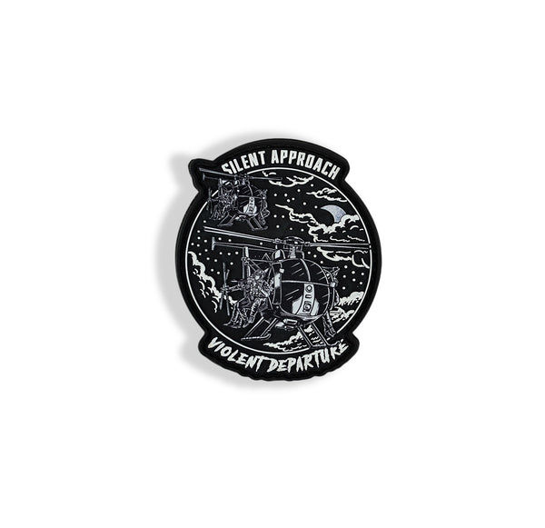 Savage Tacticians patch with helicopters, night sky, clouds, text Silent Approach Violent Departure.
