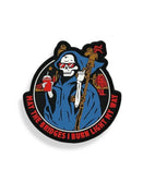 Savage Tacticians patch with skeleton in blue cloak, holding rifle and drink, wearing red shades
