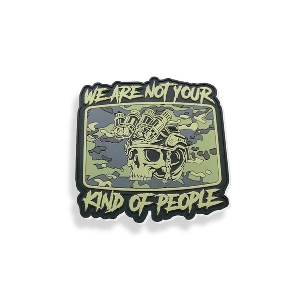 Savage Tacticians patch with skull in helmet and night vision goggles on camo background