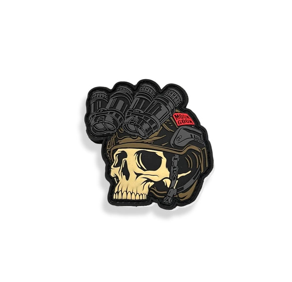 Savage Tacticians skull patch with helmet and night vision goggles on white background