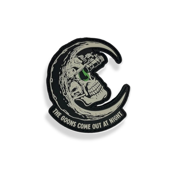 Savage Tacticians patch with skull in night vision and crescent moon, text 'The Goons Come Out At Night'