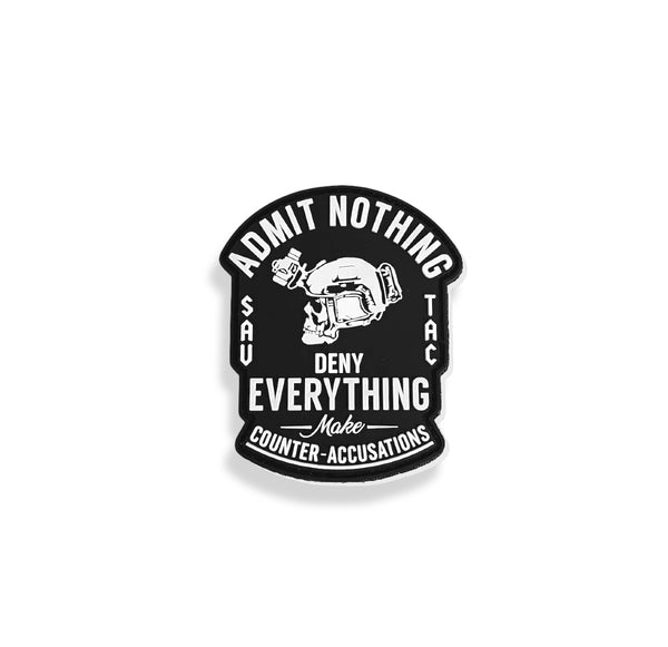 Savage Tacticians black patch with skull and tactical helmet, bold text design on white background