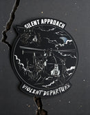Savage Tacticians sticker with helicopters, night sky, and 'Silent Approach Violent Departure' text.
