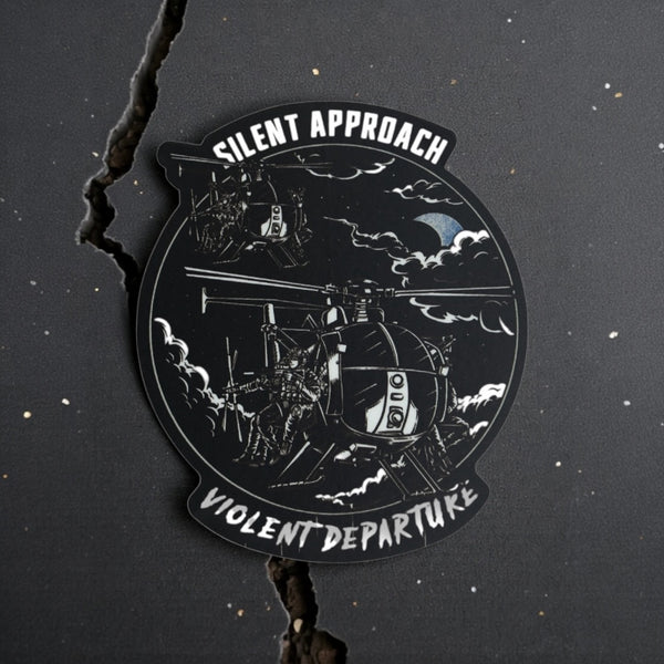 Savage Tacticians sticker with helicopters, night sky, and 'Silent Approach Violent Departure' text.