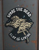 Savage Tacticians sticker featuring a skeleton in tactical gear with 'Spare The Dead Slay The Living' text.