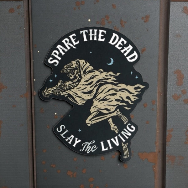 Savage Tacticians sticker featuring a skeleton in tactical gear with 'Spare The Dead Slay The Living' text.