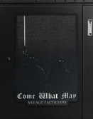 Savage Tacticians patch with dark figures, rifle, and 'Come What May' text on black background