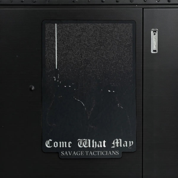 Savage Tacticians patch with dark figures, rifle, and 'Come What May' text on black background