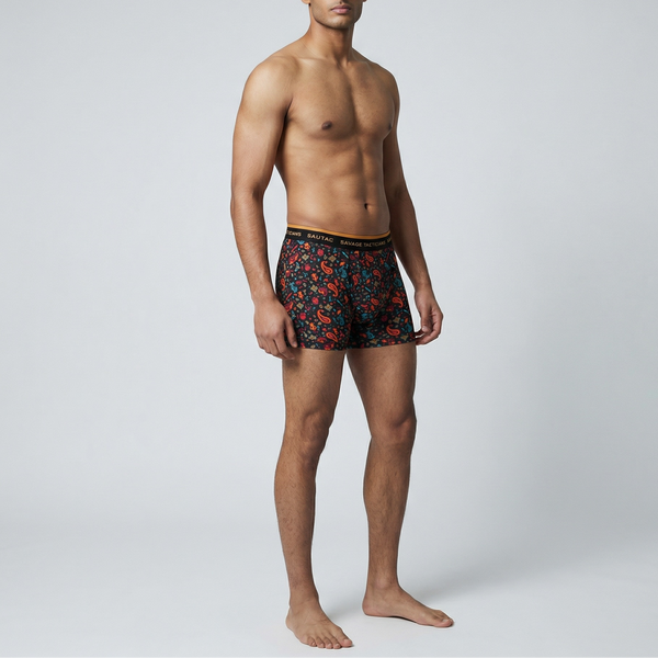 Male model in Savage Tacticians floral print boxer briefs with branded waistband