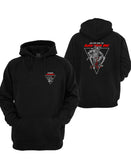 Black Saboteur Graphic Hoodie by Savage Tacticians. Back print: a skeleton soldier in tactical gear riding a red tricycle inside an inverted triangle under On The Way To in white and Ruin Your Day in red; small matching Savage Tacticians logo on the left chest