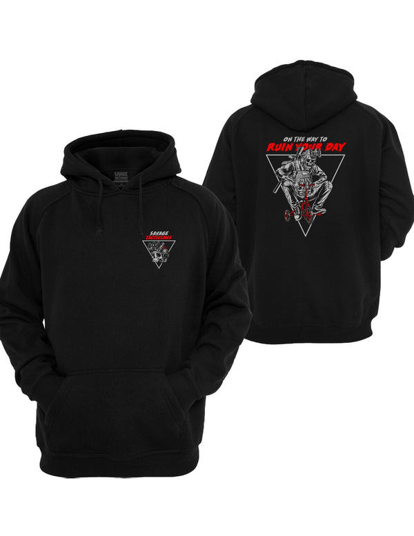 Black Saboteur Graphic Hoodie by Savage Tacticians. Back print: a skeleton soldier in tactical gear riding a red tricycle inside an inverted triangle under On The Way To in white and Ruin Your Day in red; small matching Savage Tacticians logo on the left chest